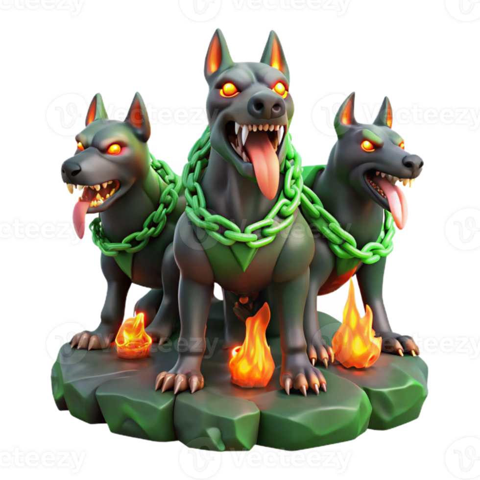 stunning vintage Cerberus, the three-headed hound of Hades, with glowing red eyes and dripping saliva, chained to a obsidian rock, dimly lit by flickering green flames. Dark fantasy style original png