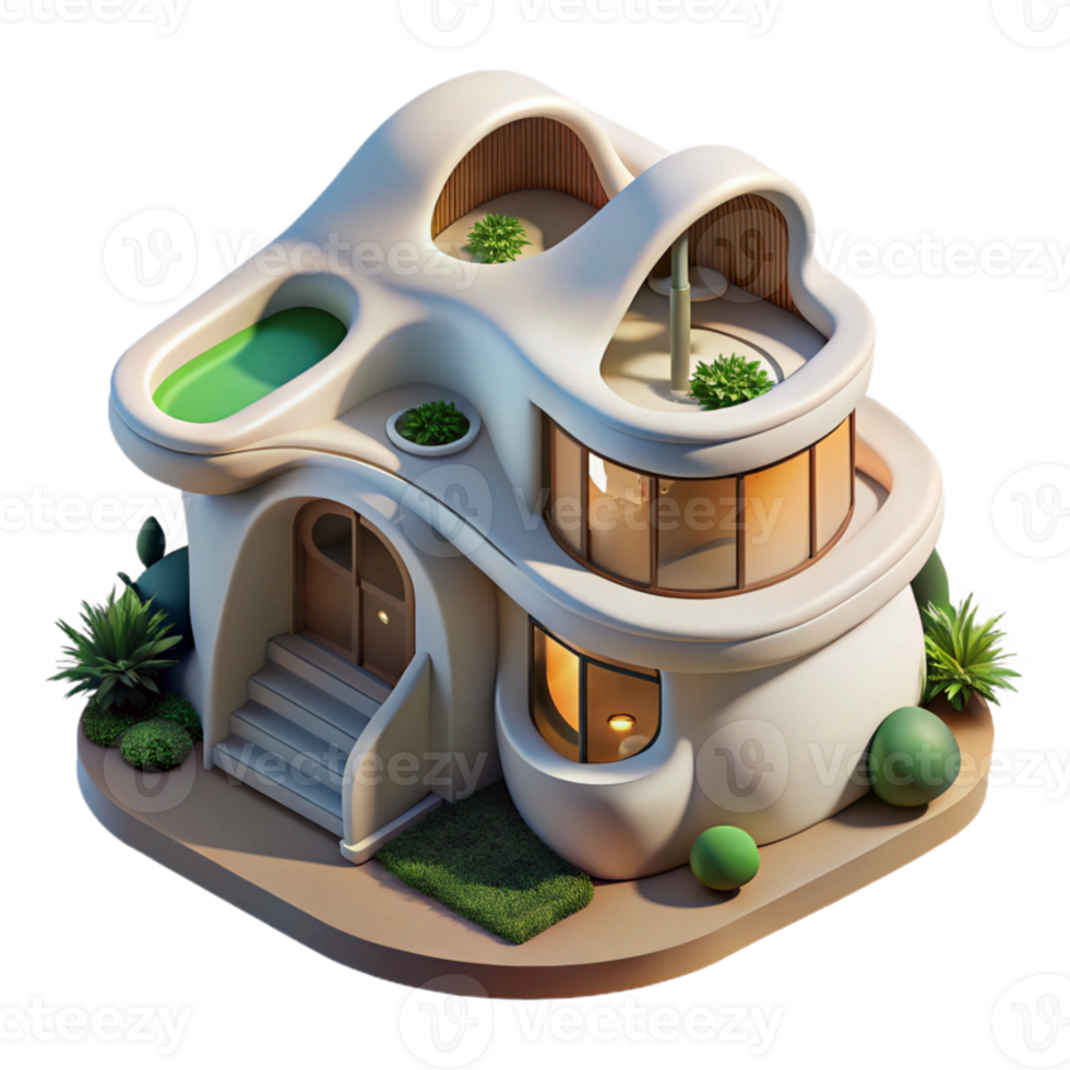 magnificent minimalist Organic architecture house, flowing lines, integrated with nature, dappled sunlight, Art Nouveau style, isometric view, original png