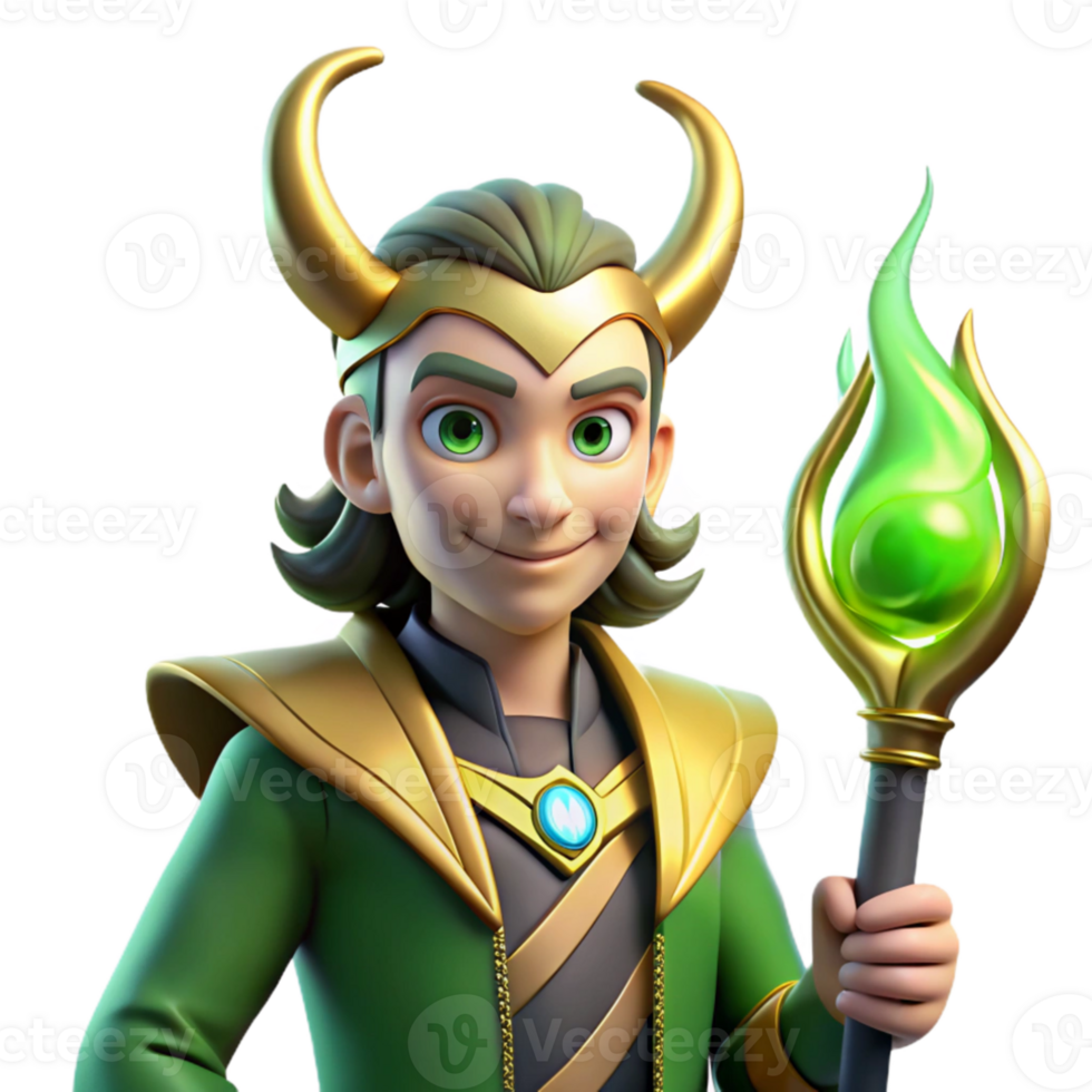 wonderful minimalist A cunning Loki with a mischievous glint in his eyes, holding a magical staff, lit by green fire, in a stylized, comic book style original png