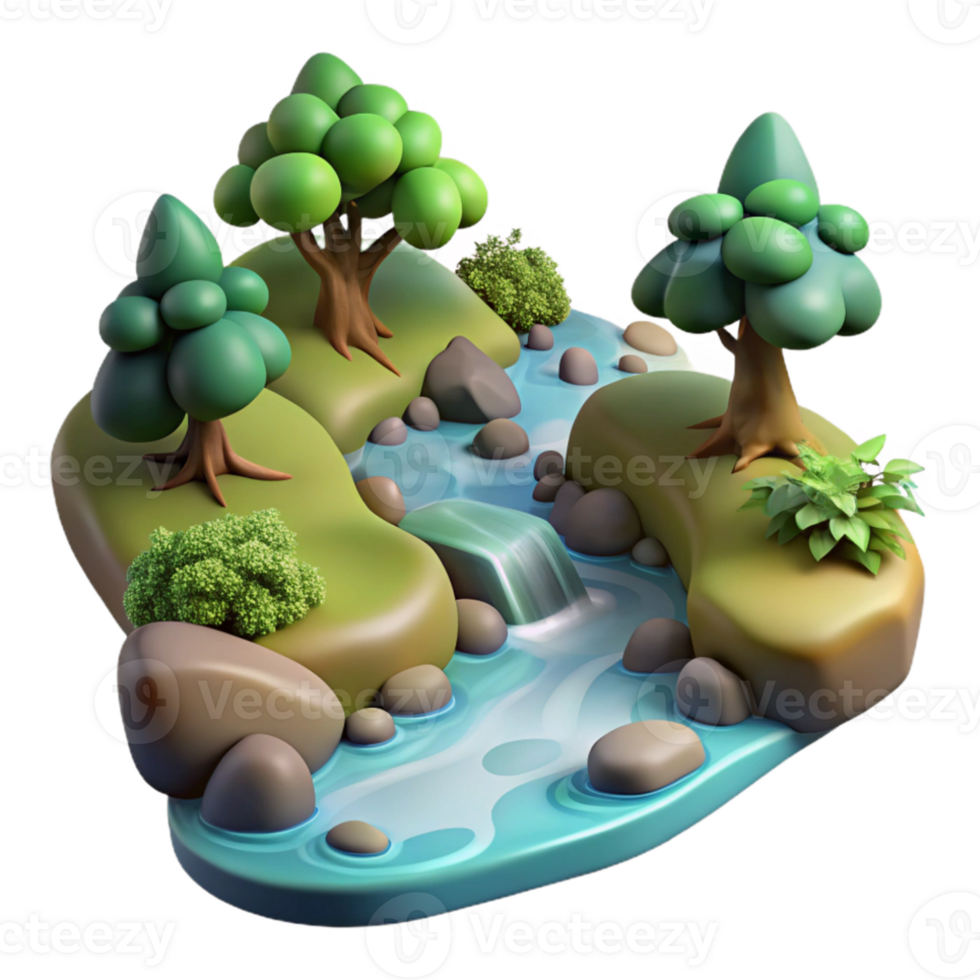 magnificent modern A bubbling stream in a forest, clear water, soft lighting, realistic style exclusive png