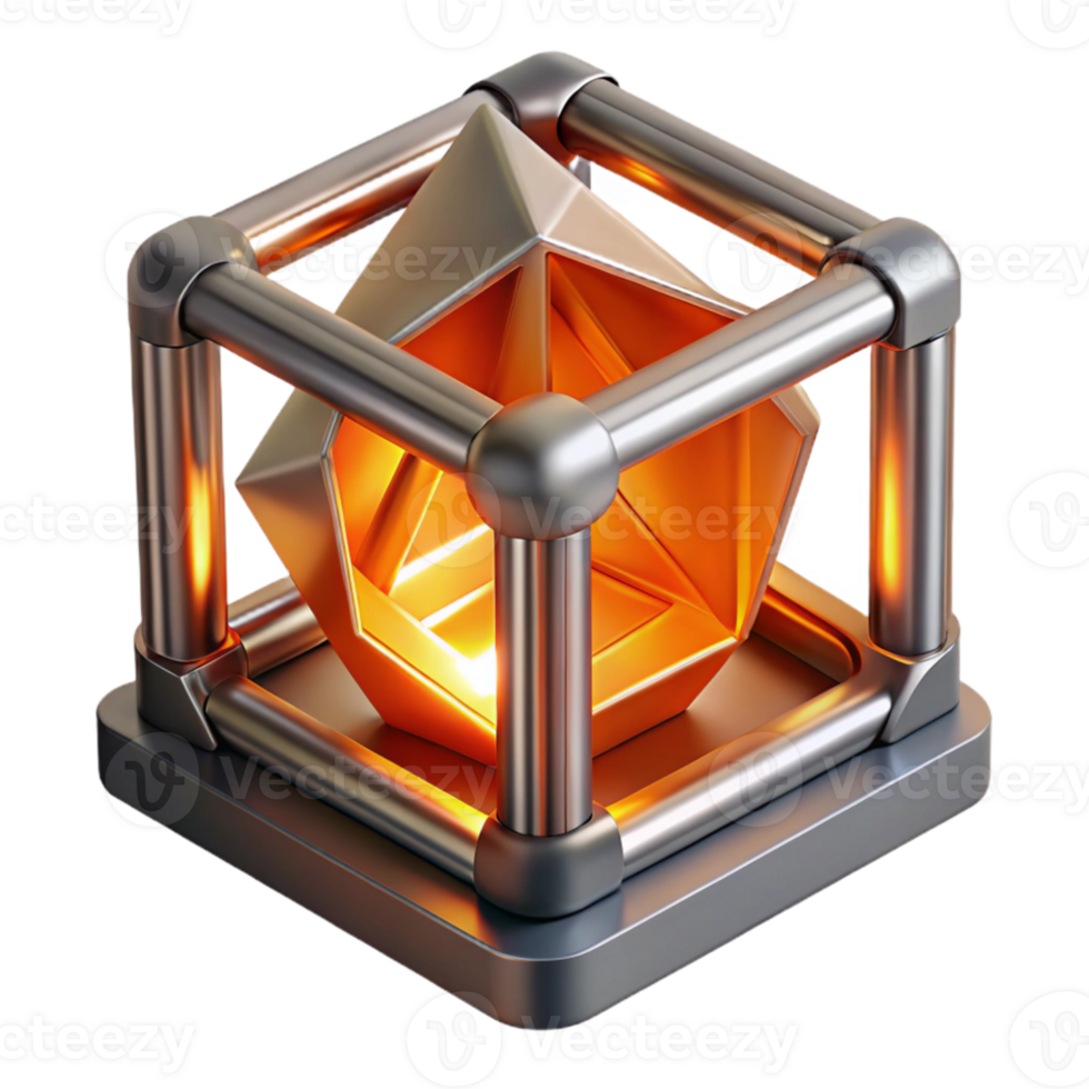 stunning classic A 3D printer creating a complex, geometric shape out of liquid metal, illuminated by the bright, orange light of the printing process. Photorealistic style high quality png