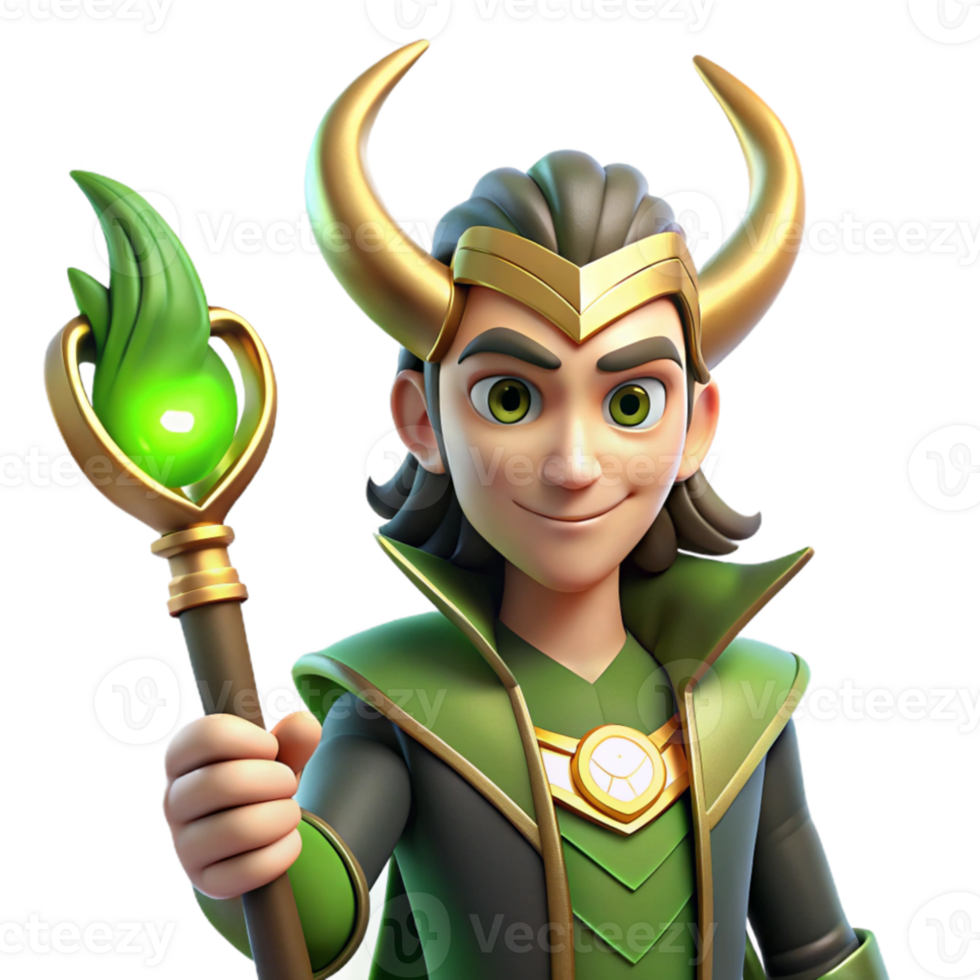 serene classic A cunning Loki with a mischievous glint in his eyes, holding a magical staff, lit by green fire, in a stylized, comic book style genuine png