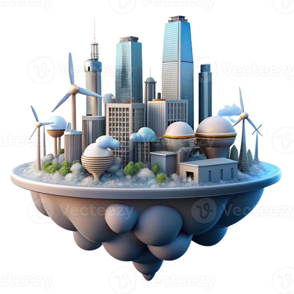 beautiful modern A futuristic city floating amongst clouds, powered by wind turbines and solar panels, lit by the warm glow of the morning sun. Science fiction style 4K png
