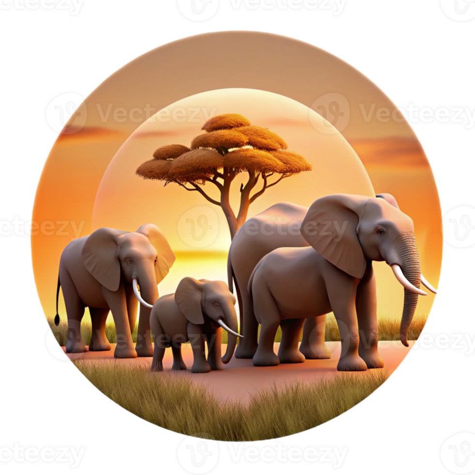 vibrant minimalist A herd of elephants migrating across the African savanna during sunset, depicted in a realistic style with warm, golden light and long shadows high quality png