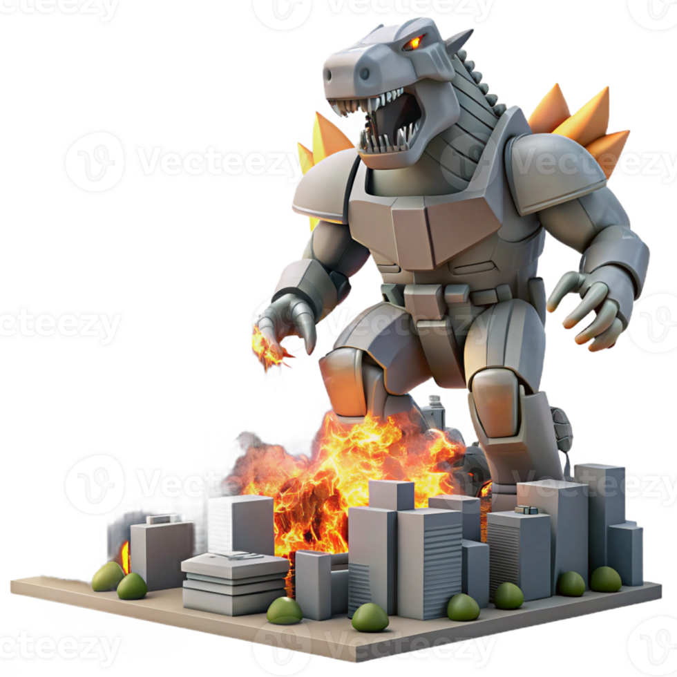 serene classic A giant robot battling a giant monster in a futuristic city, buildings crumbling around them, explosions and fire illuminating the scene. Kaiju style 4K png