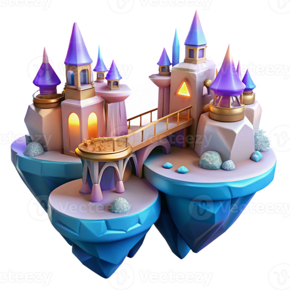 stunning abstract Floating islands connected by bridges of light, vibrant fantasy setting, detailed architecture, magical realism professional png