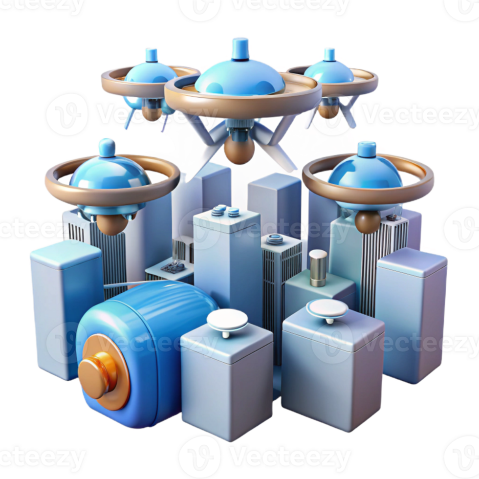 vibrant modern A group of drones delivering packages in a futuristic city, daylight, logistical style exclusive png