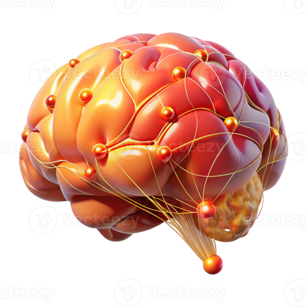 elegant vintage A holographic projection of a human brain, intricate neural networks pulsing with light, warm orange and red hues, scientific visualization style authentic png