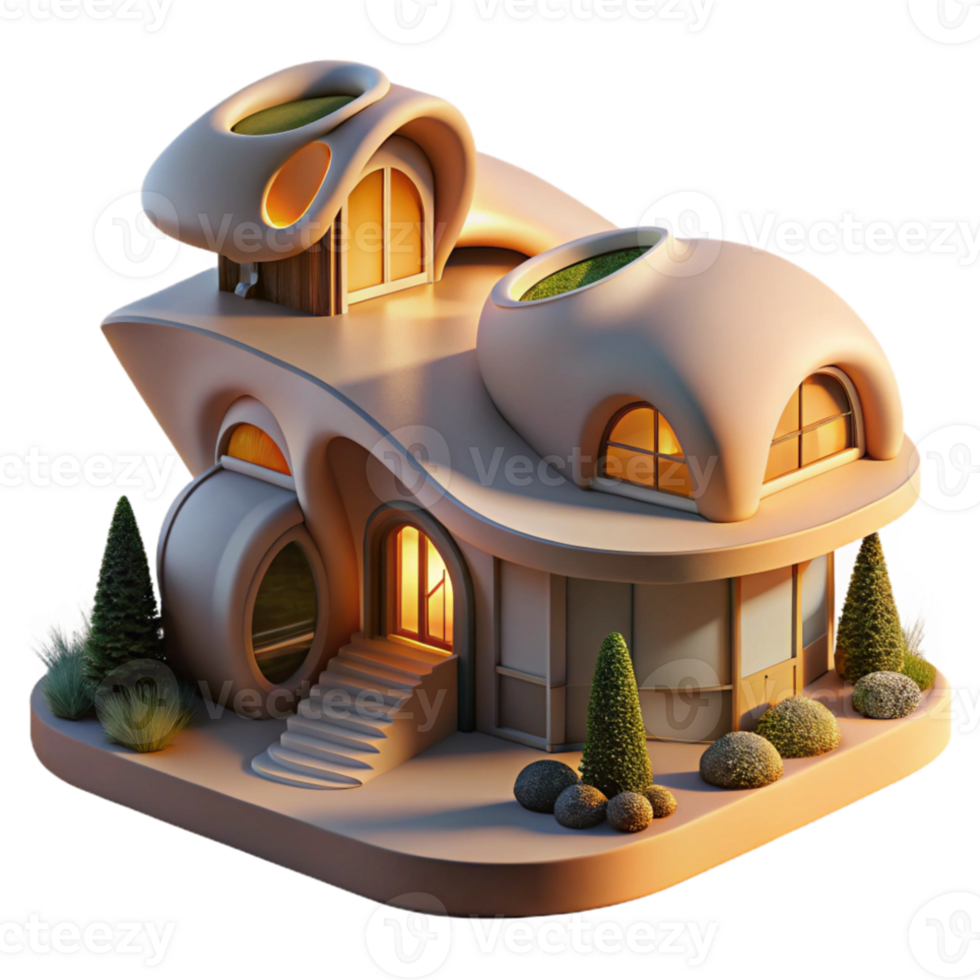 stunning vintage Organic architecture house, flowing lines, integrated with natural landscape, golden hour lighting, matte painting style genuine png