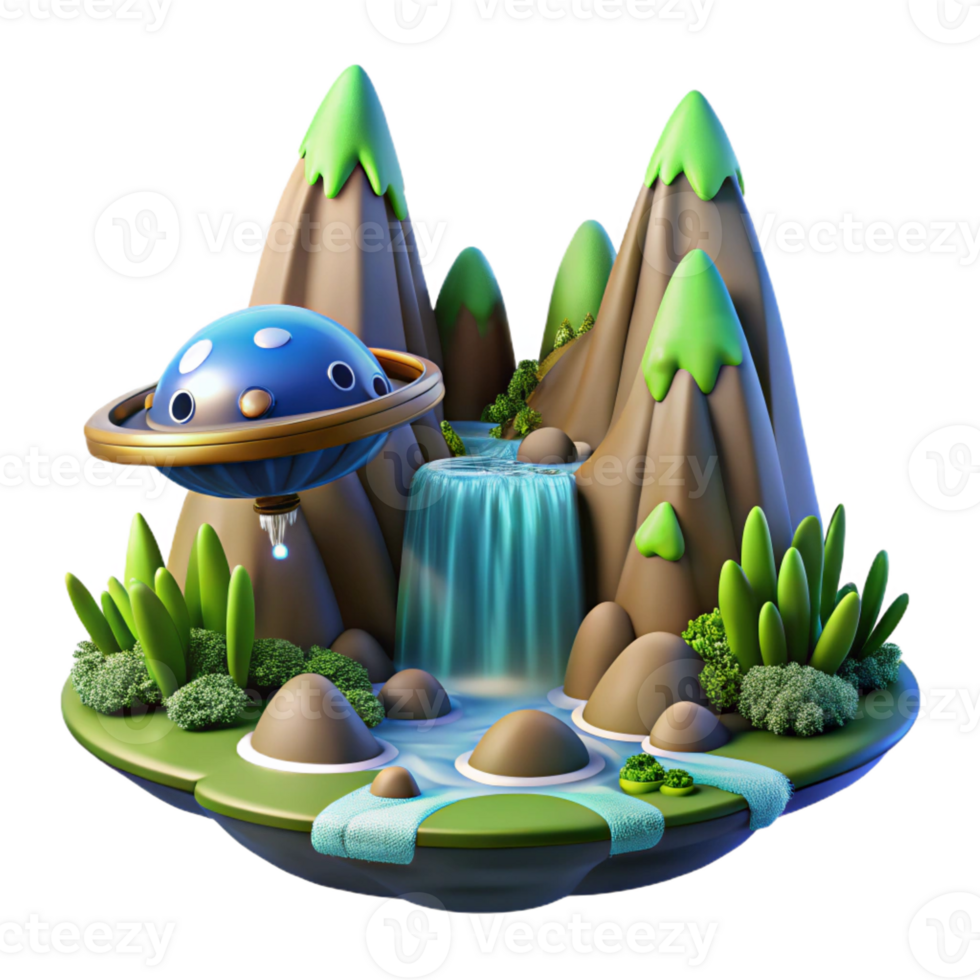 stunning traditional A spaceship landing on a lush alien planet, waterfalls cascading down towering mountains, vibrant flora and fauna surrounding the landing site. Photorealistic style high quality png
