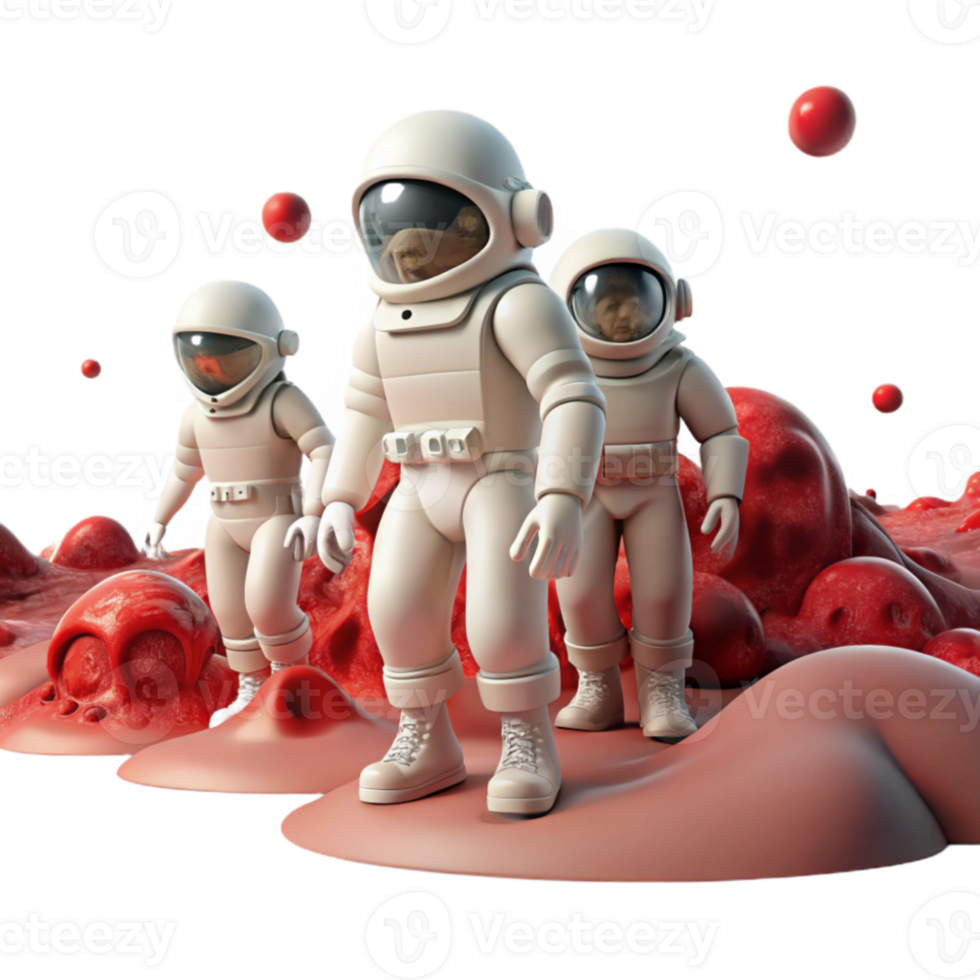 vibrant contemporary A group of space explorers in sleek, white spacesuits, exploring a desolate alien planet, red dust swirling around them, dramatic backlighting, cinematic style professional png