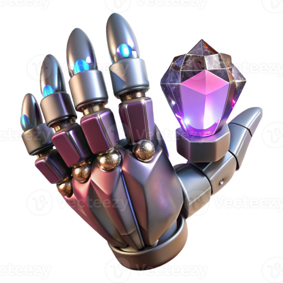 beautiful artistic A steampunk robotic hand holding a glowing crystal, contrasting metallic and crystalline textures, soft, diffused lighting premium png