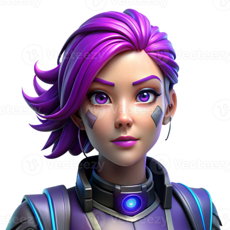 beautiful minimalist A portrait of a female cyborg with vibrant purple hair and glowing blue eyes, intricate facial tattoos, cyberpunk aesthetic, dramatic lighting high resolution png