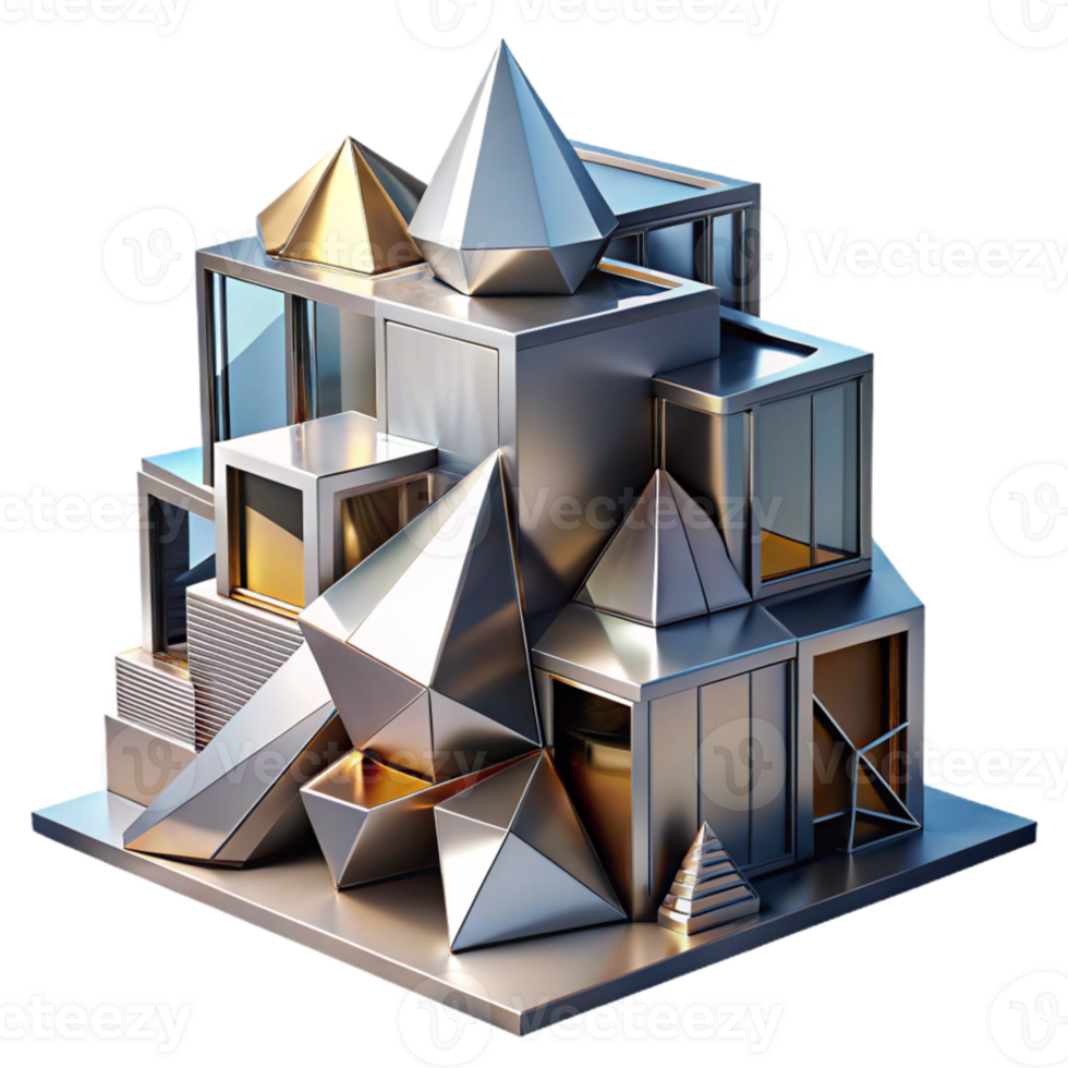 beautiful minimalist Deconstructivist building with fragmented shapes, metallic surfaces, dynamic lighting, abstract art style exclusive png