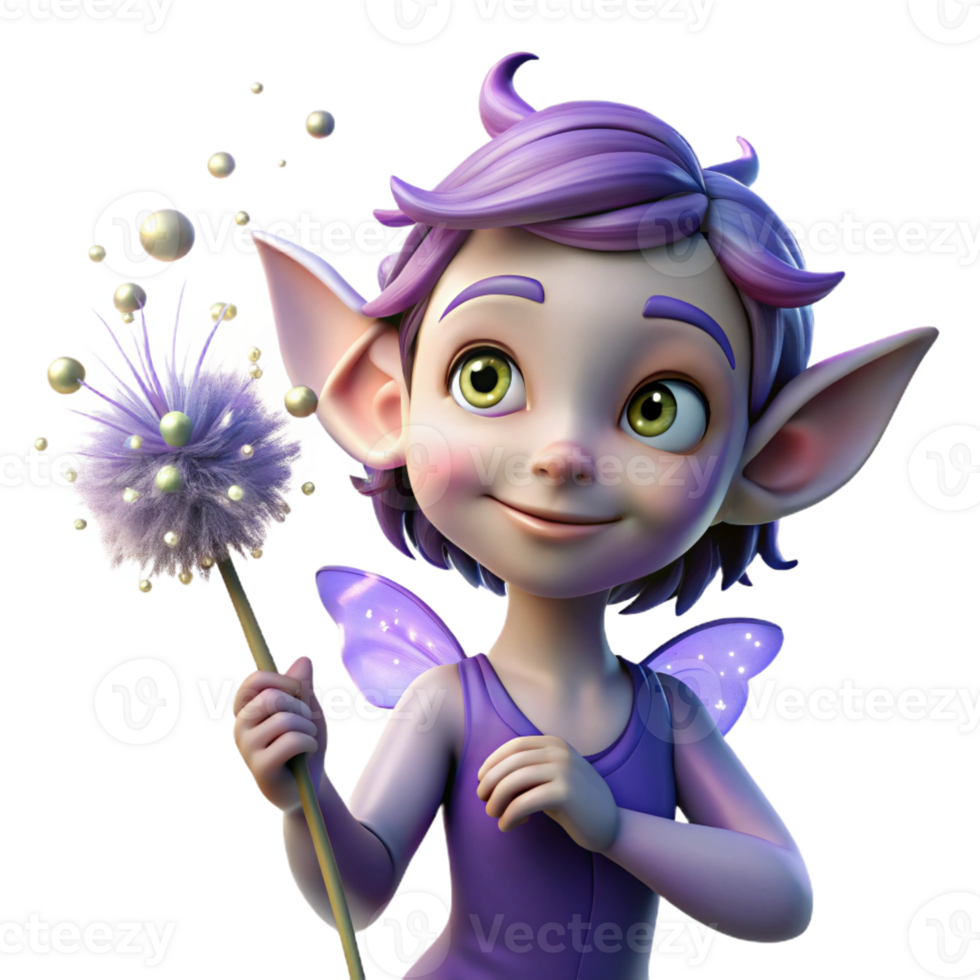 dramatic contemporary A whimsical, mischievous pixie with glowing lavender skin, holding a dandelion seedhead, surrounded by fireflies in a twilight forest. Soft focus, dreamlike style 4K png
