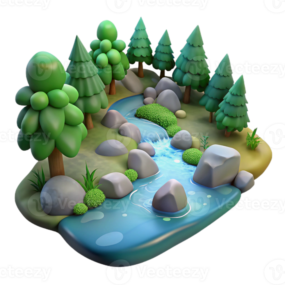 vibrant artistic A bubbling stream in a forest, clear water, soft lighting, realistic style original png