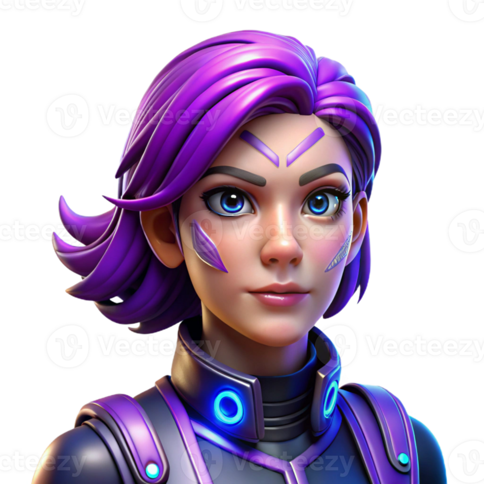 extraordinary rustic A portrait of a female cyborg with vibrant purple hair and glowing blue eyes, intricate facial tattoos, cyberpunk aesthetic, dramatic lighting high quality png