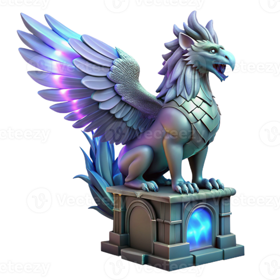 impressive vintage A majestic griffin with iridescent feathers, perched atop a crumbling obsidian tower, lit by ethereal moonlight. Art Nouveau style high resolution png