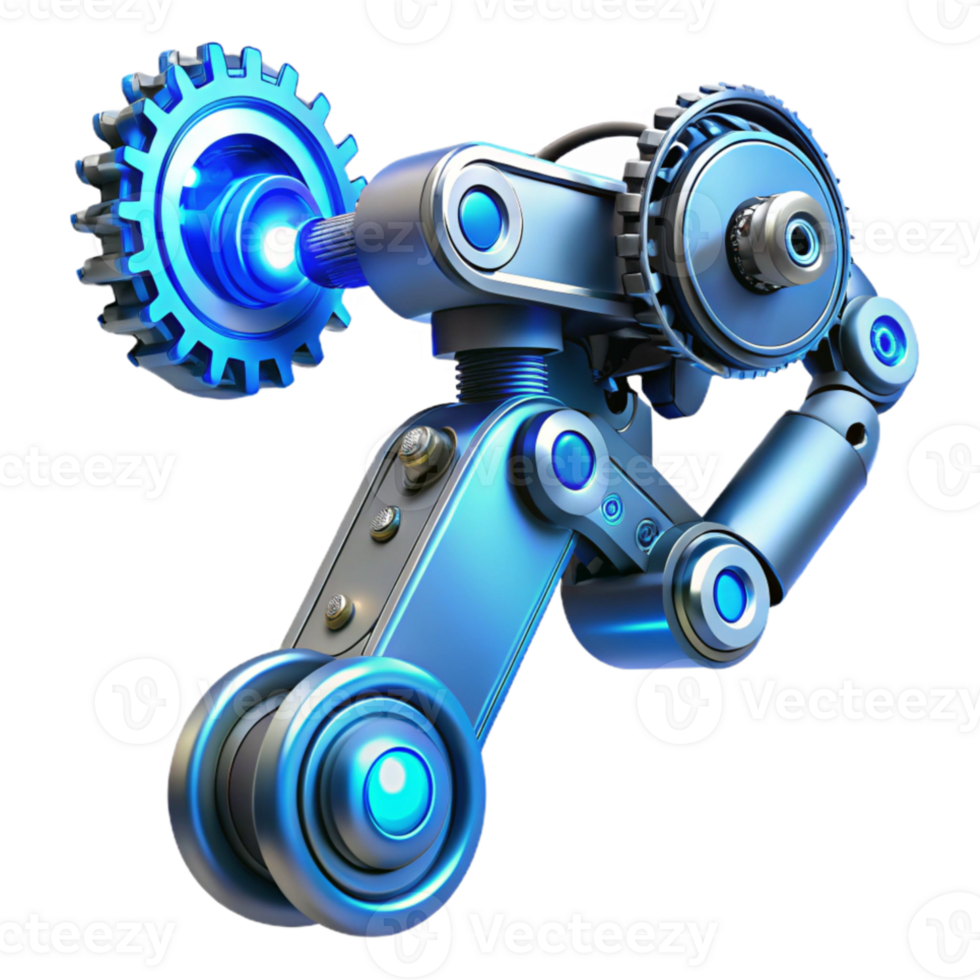 vibrant contemporary A complex steampunk robotic arm, extending forward, intricate gears and pistons turning, illuminated by a cool, blue light. Hyperrealistic style original png
