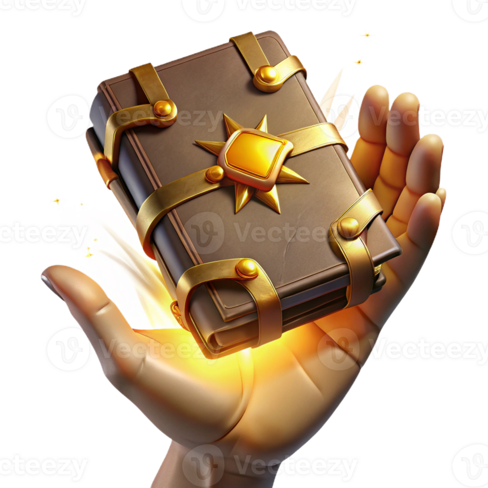 dramatic artistic An ancient grimoire, bound in worn leather, radiating golden light from glowing runes, levitating above outstretched hands. Dark, chiaroscuro lighting. Renaissance painting style 4K png