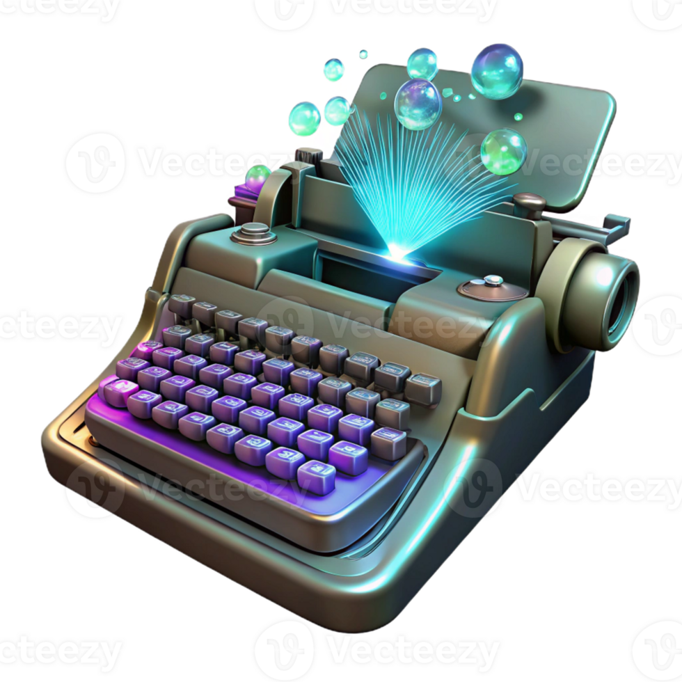 vibrant minimalist An antique typewriter transforming into a holographic keyboard, mid-transformation, glowing particles, dramatic lighting exclusive png