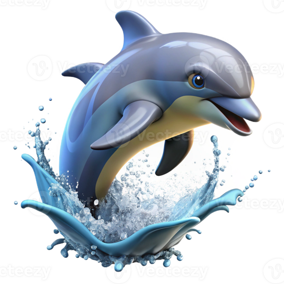 serene rustic A playful dolphin leaping out of the ocean, rendered in a dynamic, realistic style with splashing water and bright sunlight professional png