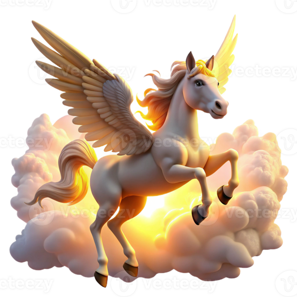 vibrant artistic A noble pegasus soaring through the clouds, its wings catching the golden rays of the setting sun. Warm, dramatic lighting. Romantic style premium png