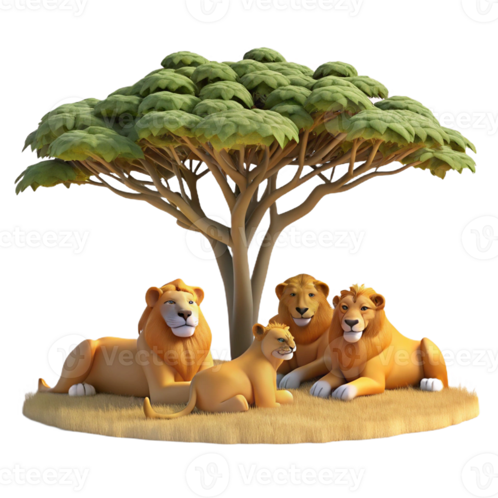 elegant creative A pride of lions resting under the shade of an acacia tree on the African savanna, bathed in warm afternoon light, in a photorealistic style genuine png
