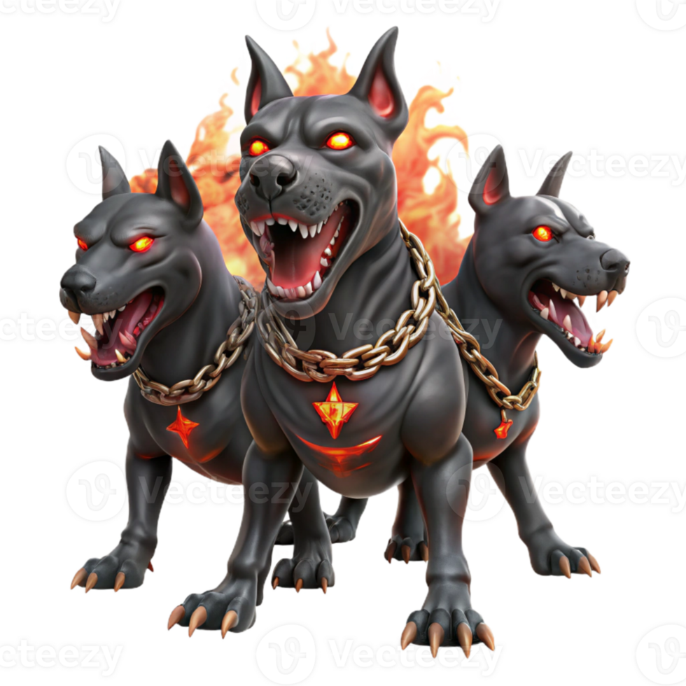 wonderful traditional Cerberus, the three-headed hound of Hades, with glowing red eyes, chains of blackened iron, surrounded by swirling Stygian smoke, dark fantasy painting 4K png