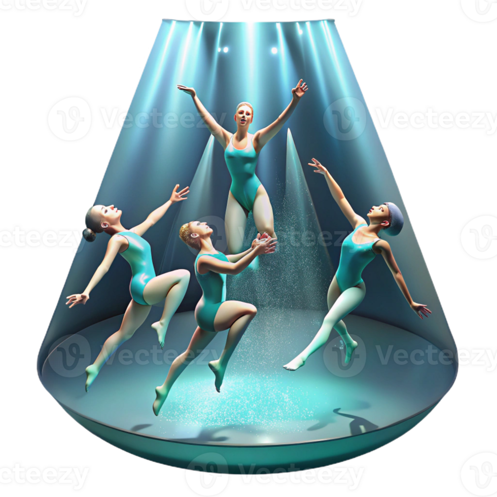 beautiful classic A group of synchronized swimmers performing an underwater ballet, dramatic spotlighting, graceful, performance art photography style, genuine png