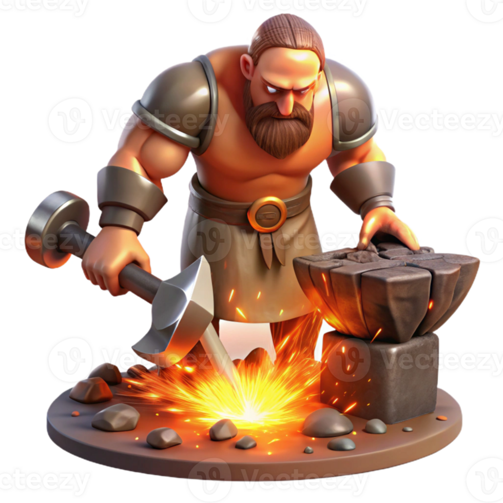 stunning artistic A powerful cyclops forging a mighty weapon in his volcanic forge, lit by the fiery glow of the lava, in a realistic fantasy style high quality png