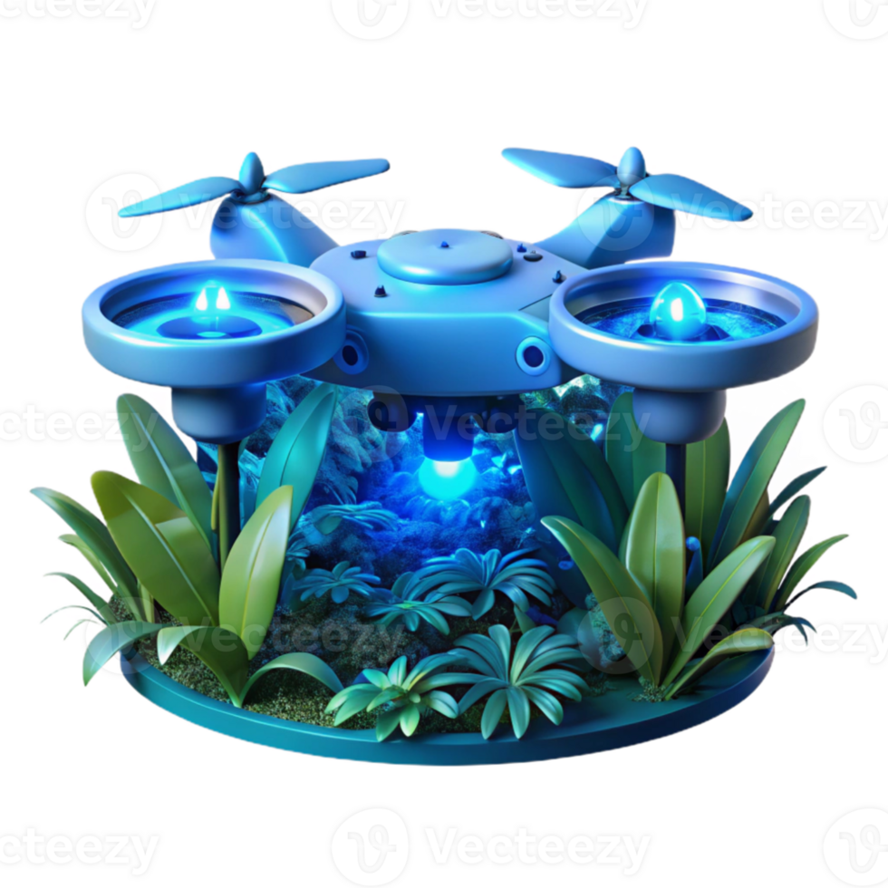 vibrant artistic A hovering drone with glowing blue lights, scanning a dense jungle, overgrown with bioluminescent plants, dark and mysterious atmosphere exclusive png