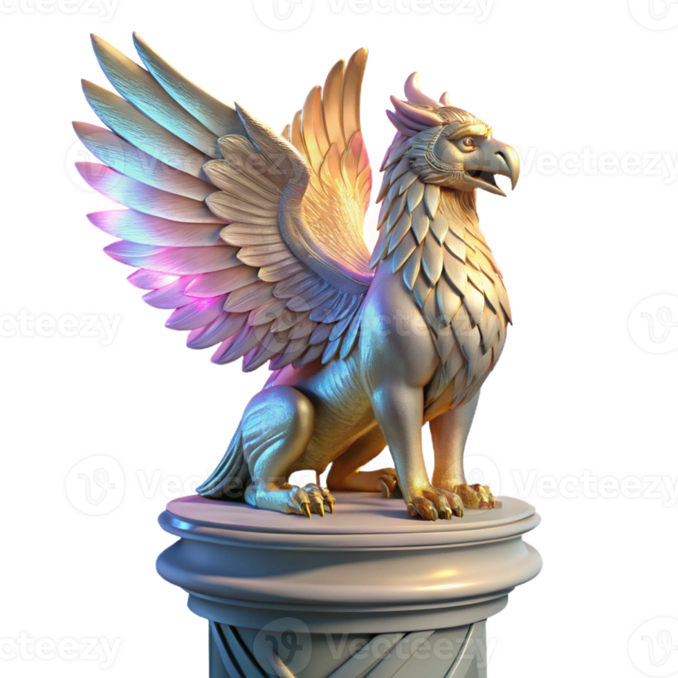 stunning creative A majestic griffin with iridescent feathers, perched atop a crumbling marble pillar, lit by a single shaft of golden light, in a hyperrealistic style premium png