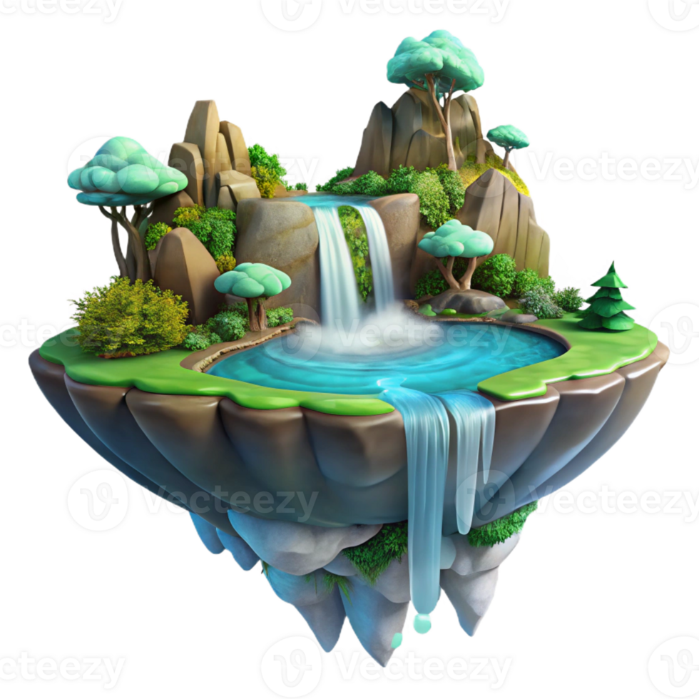 wonderful minimalist A floating island with waterfalls cascading down its sides, lush vegetation, vibrant, dreamlike atmosphere. Surreal style 4K png