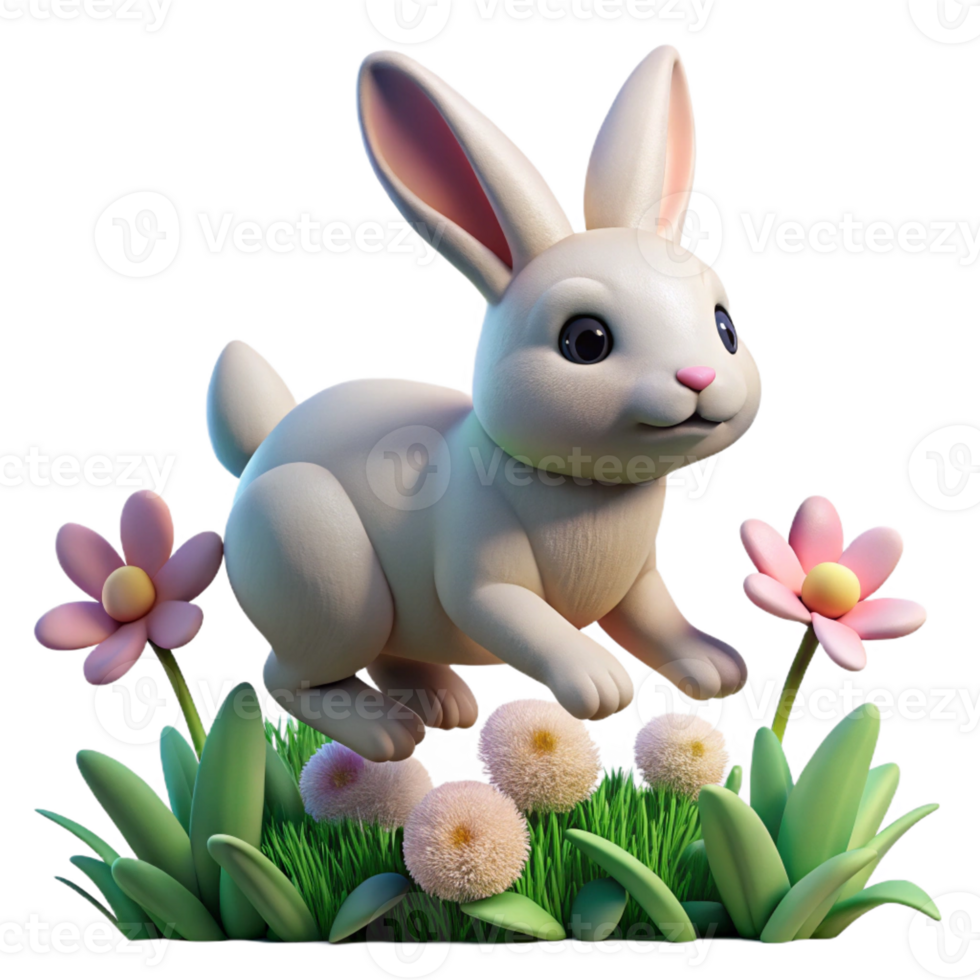 serene abstract A fluffy rabbit hopping through a field of flowers, soft pastel colors with bokeh effect, whimsical children's book illustration style genuine png