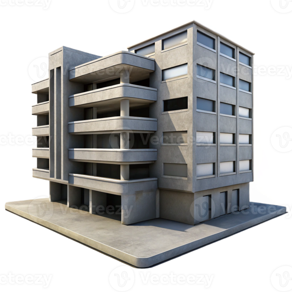impressive minimalist Brutalism-style concrete apartment complex, overcast lighting, stark shadows, photorealistic rendering, worm's-eye view professional png