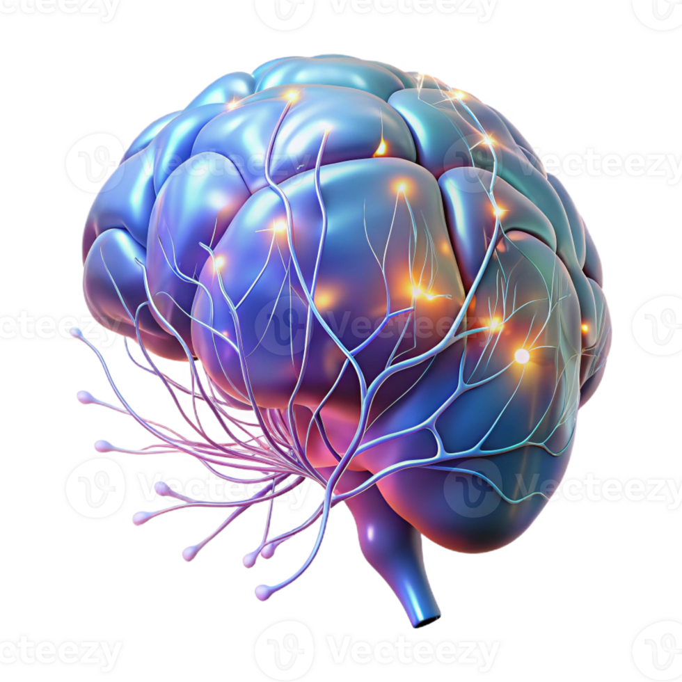 vibrant classic A holographic projection of a human brain, neural pathways firing as electrical impulses, in a dark, abstract void detailed png