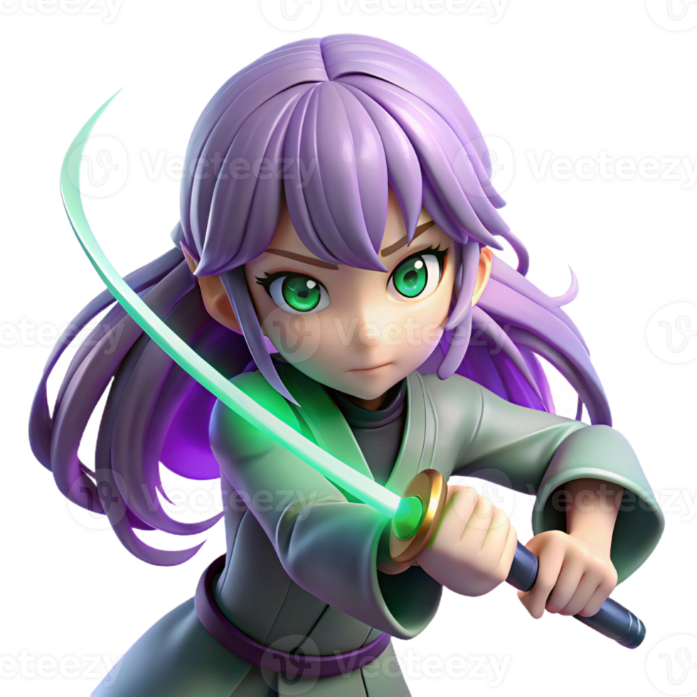 elegant abstract A young, determined anime girl with flowing, lavender hair and piercing emerald eyes, wielding a glowing katana, dynamic pose, rim lighting, vibrant anime style, sharp focus 4K png