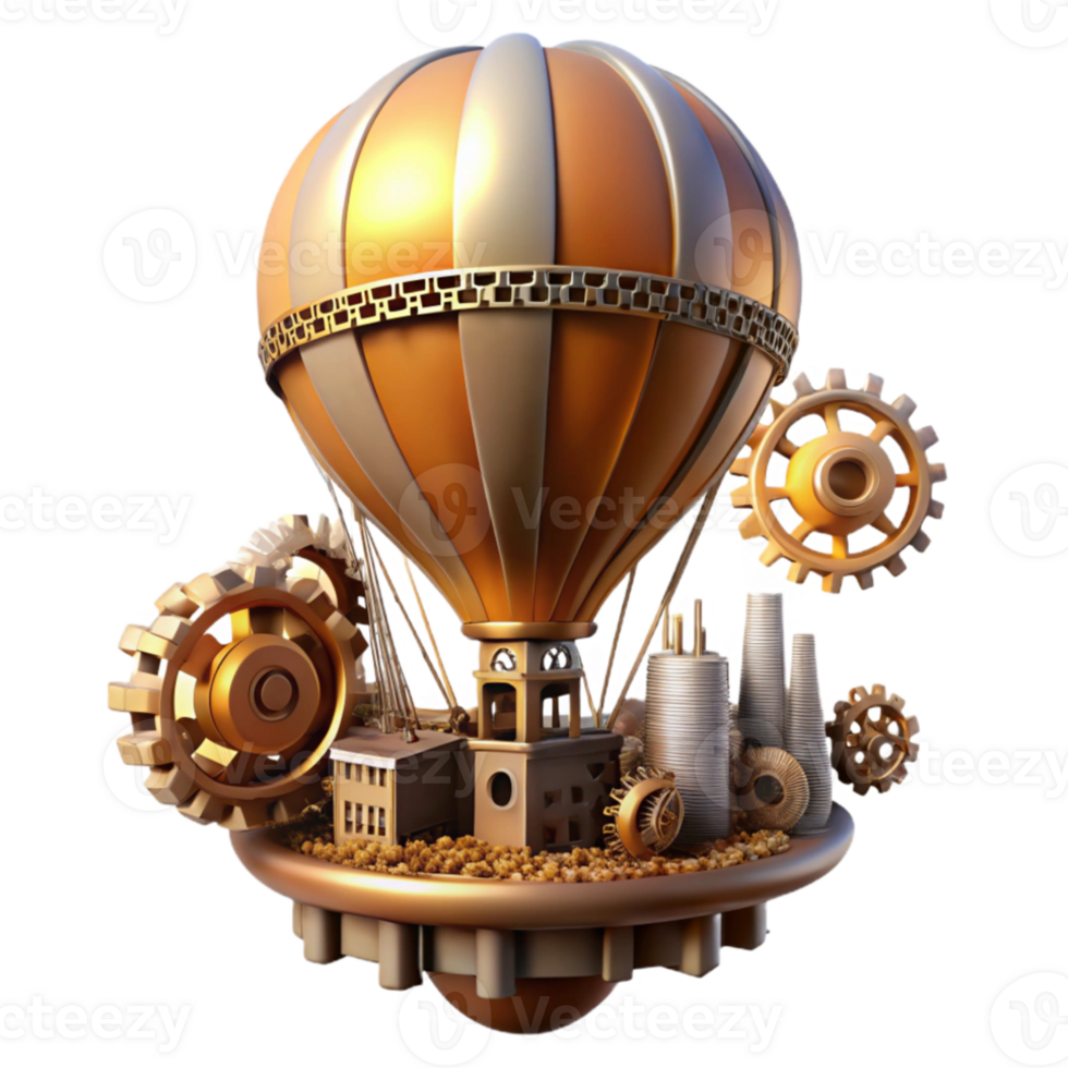 stunning rustic A steampunk hot air balloon rising above a cityscape of cogs and gears. Warm, vibrant lighting. Fantasy art style 4K png