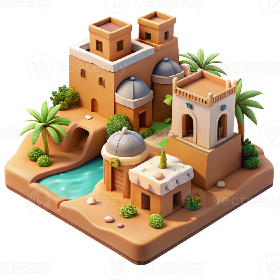 dramatic creative Desert oasis village, mud-brick buildings, palm trees, vibrant textiles, warm sunlight, Middle Eastern architecture high quality png