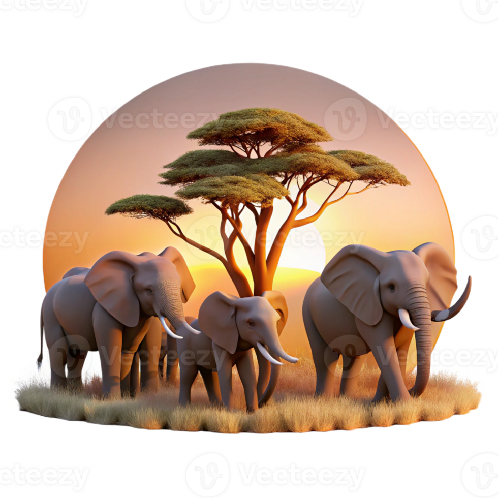 magnificent vintage A herd of elephants migrating across the African savanna during sunset, depicted in a realistic style with warm, golden light and long shadows exclusive png