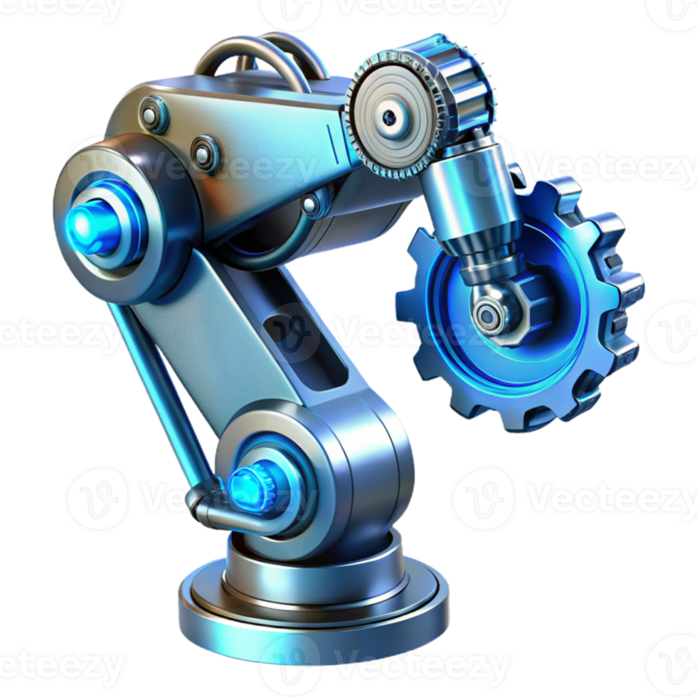 stunning vintage A complex steampunk robotic arm, extending forward, intricate gears and pistons turning, illuminated by a cool, blue light. Hyperrealistic style premium png