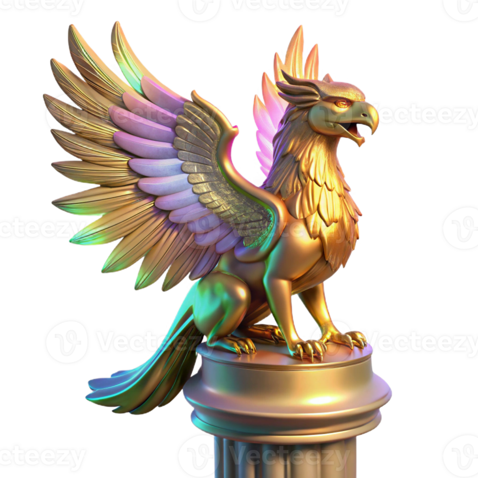 magnificent vintage A majestic griffin with iridescent feathers, perched atop a crumbling marble pillar, lit by a single shaft of golden light, in a hyperrealistic style exclusive png