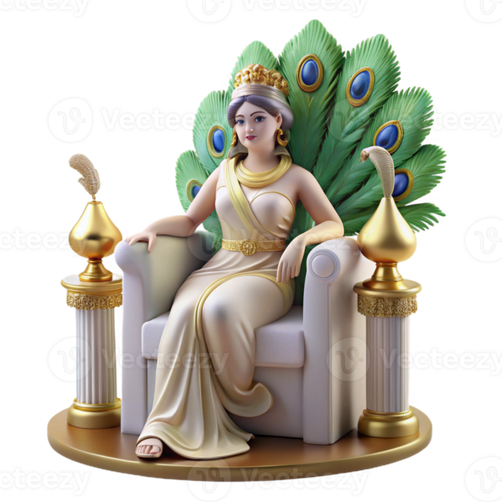 elegant rustic A graceful Hera with a peacock feather fan, seated on a throne, classical style, soft lighting 4K png