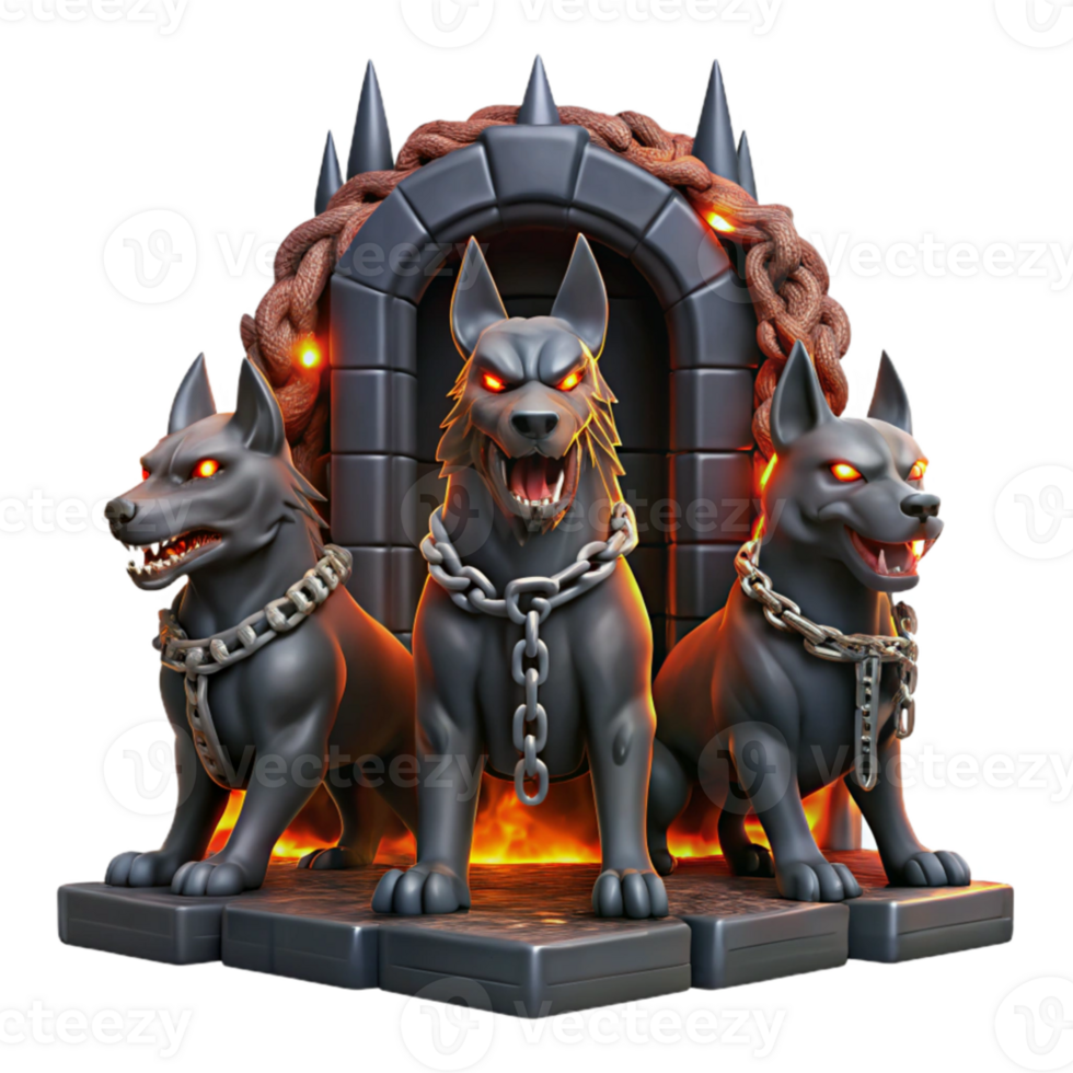 dramatic rustic Cerberus, the three-headed hound of Hades, guarding the gates of the underworld. Fiery eyes, chains made of solidified shadows. Dark, dramatic lighting. Greg Rutkowski style original png