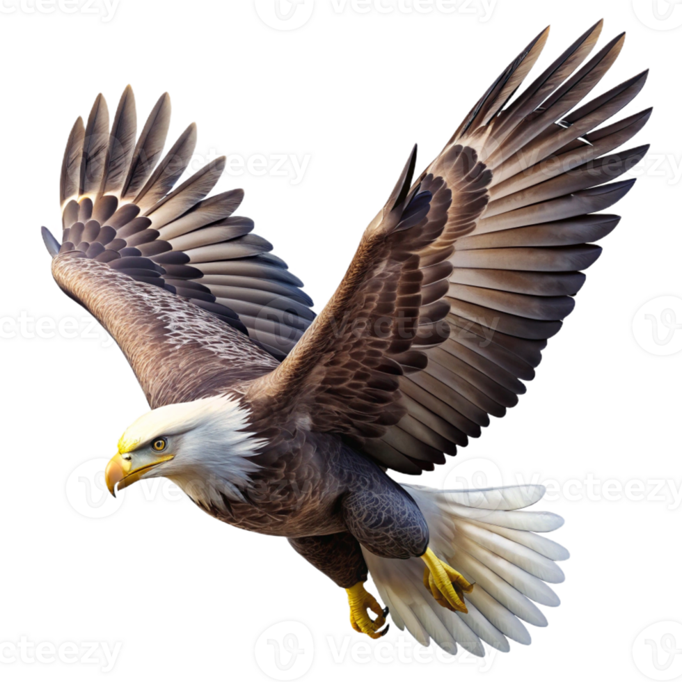 serene rustic A majestic bald eagle soaring through the sky, detailed feathers, bright sunlight, wildlife photography style professional png