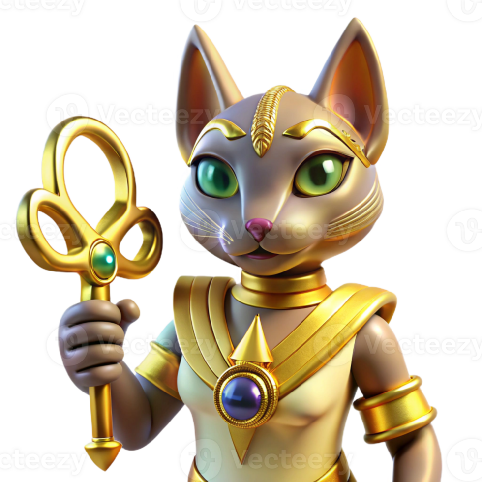 wonderful classic A regal Egyptian goddess Bastet, with the head of a cat, adorned in gold jewelry, holding a jeweled ankh, lit by soft sunlight. Ancient Egyptian art style high resolution png