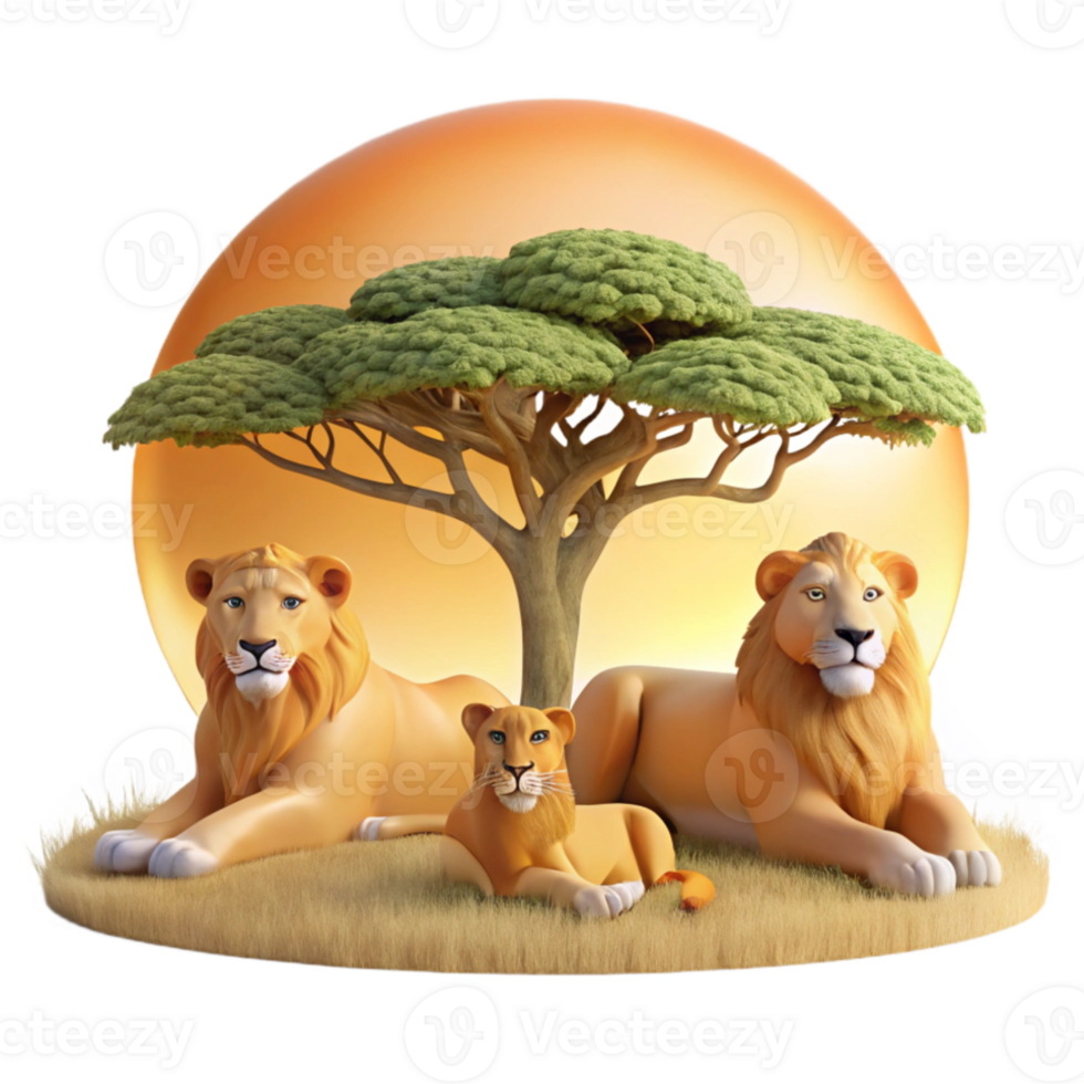 vibrant artistic A majestic lion pride resting in the shade of an acacia tree, under the warm African sun, in a regal, wildlife photography style detailed png