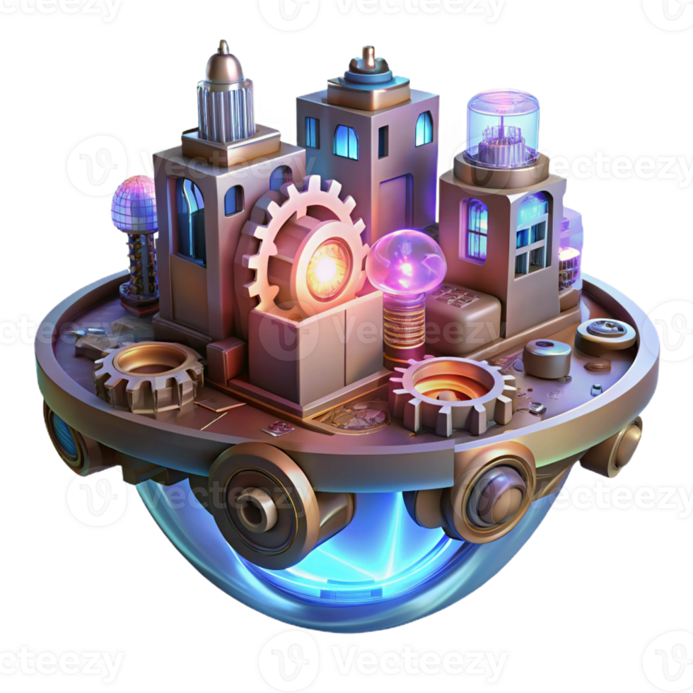 magnificent rustic A floating city made of interconnected gears and cogs, illuminated by flickering neon lights. Steampunk style authentic png