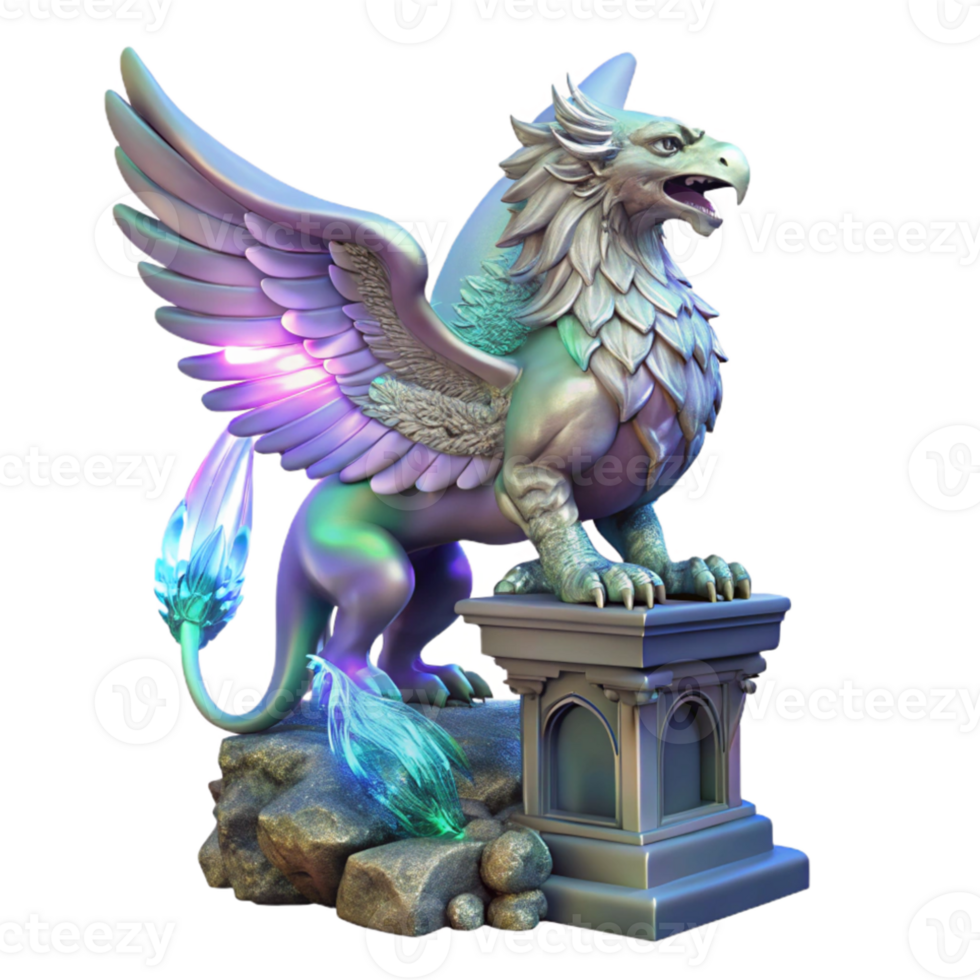 magnificent traditional A majestic griffin with iridescent feathers, perched atop a crumbling obsidian tower, lit by ethereal moonlight. Art Nouveau style exclusive png